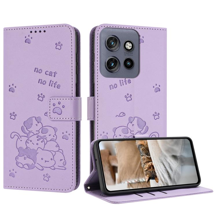 

For Motorola Moto G17 / G17 Power 4G Embossed Kitten Phone Leather Case with Lanyard(Purple)