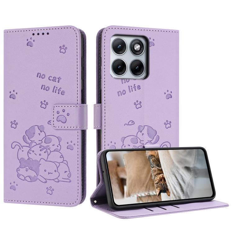 

For Motorola Edge 5G 2026 Embossed Kitten Phone Leather Case with Lanyard(Purple)