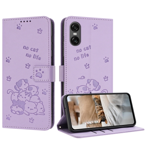 

For Sony Xperia 10 VI Embossed Kitten Phone Leather Case with Lanyard(Purple)