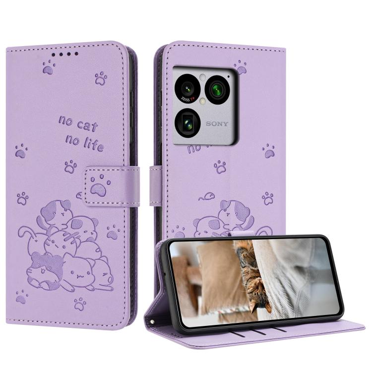 

For Sony Xperia 1 VIII Embossed Kitten Phone Leather Case with Lanyard(Purple)