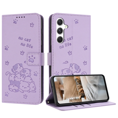 

For Samsung Galaxy S24 FE 5G Embossed Kitten Phone Leather Case with Lanyard(Purple)