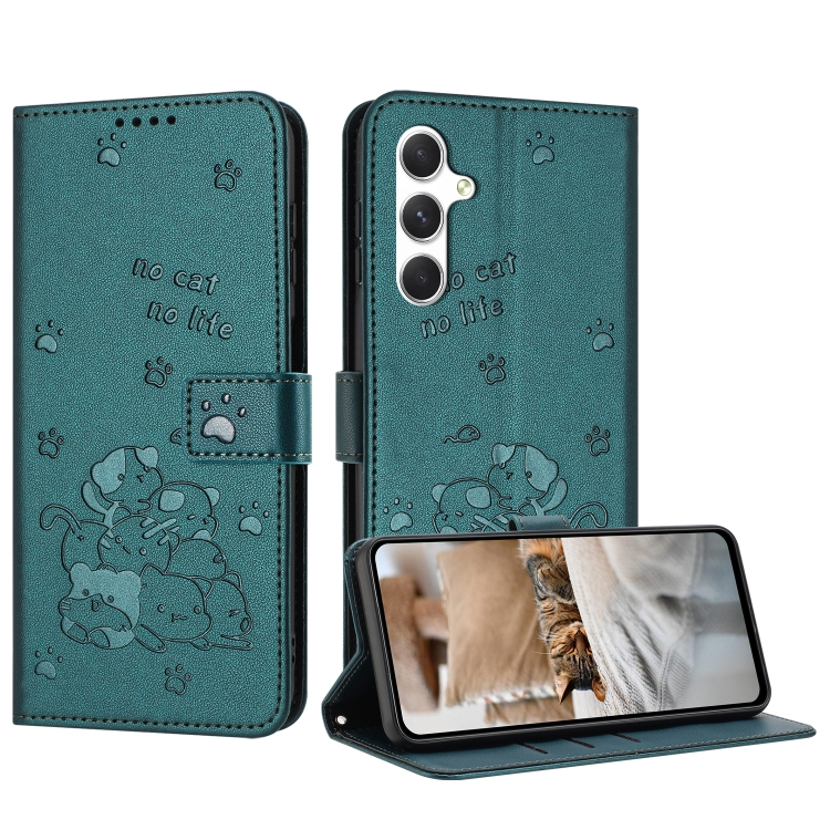 

For Samsung Galaxy S24 FE 5G Embossed Kitten Phone Leather Case with Lanyard(Dark Green)