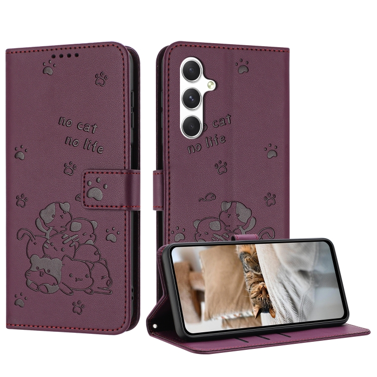 

For Samsung Galaxy S25 / S24 5G Embossed Kitten Phone Leather Case with Lanyard(Wine Red)