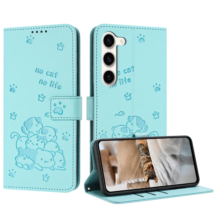 

For Samsung Galaxy S23 5G Embossed Kitten Phone Leather Case with Lanyard(Mint Green)