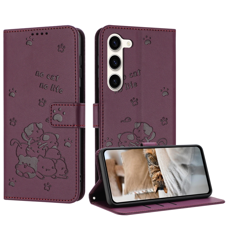 

For Samsung Galaxy S23 5G Embossed Kitten Phone Leather Case with Lanyard(Wine Red)