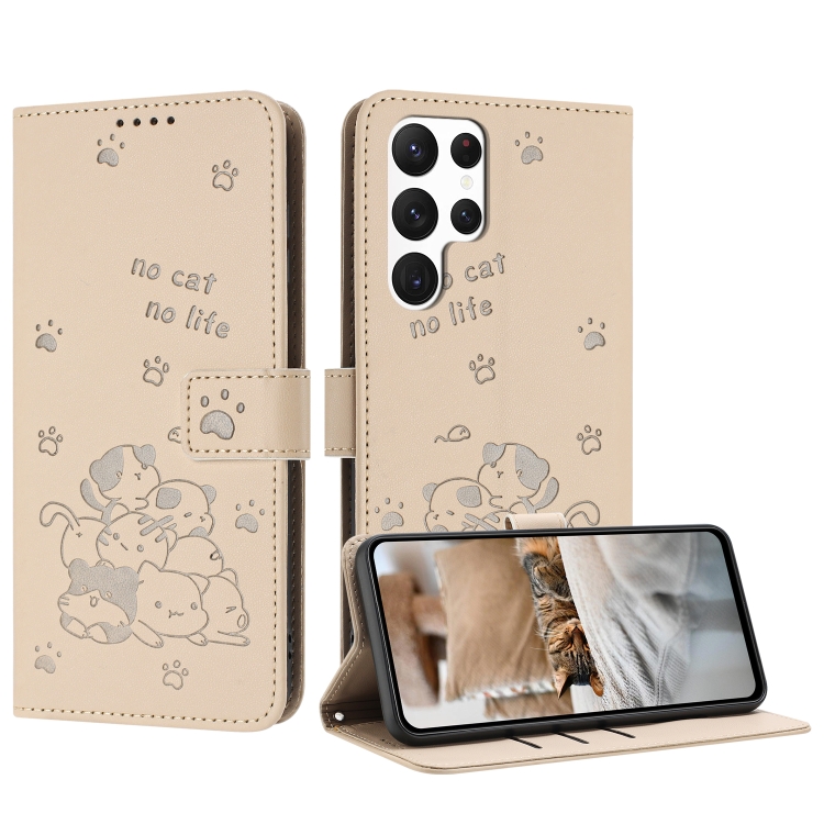 

For Samsung Galaxy S22 Ultra 5G Embossed Kitten Phone Leather Case with Lanyard(Beige)