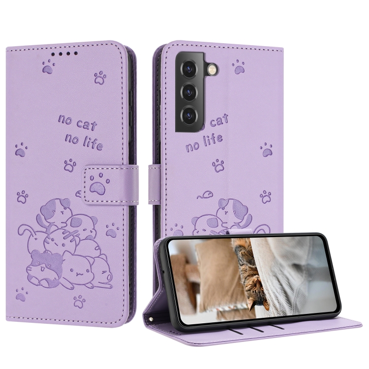 

For Samsung Galaxy S22+ 5G Embossed Kitten Phone Leather Case with Lanyard(Purple)