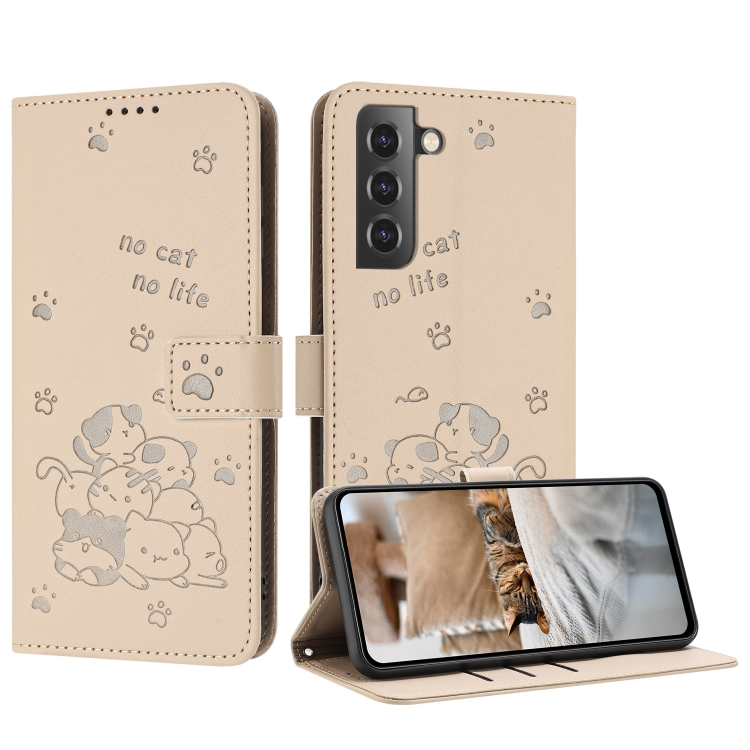 

For Samsung Galaxy S22+ 5G Embossed Kitten Phone Leather Case with Lanyard(Beige)