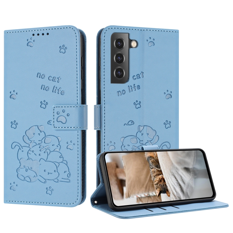 

For Samsung Galaxy S22 5G Embossed Kitten Phone Leather Case with Lanyard(Blue)
