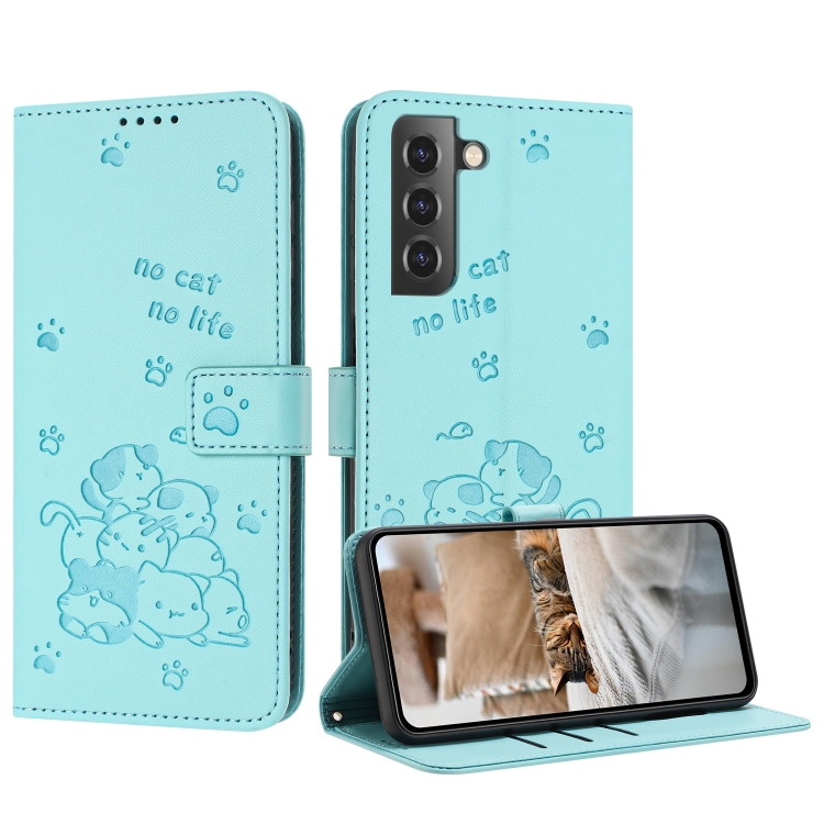 

For Samsung Galaxy S21 FE 5G Embossed Kitten Phone Leather Case with Lanyard(Mint Green)