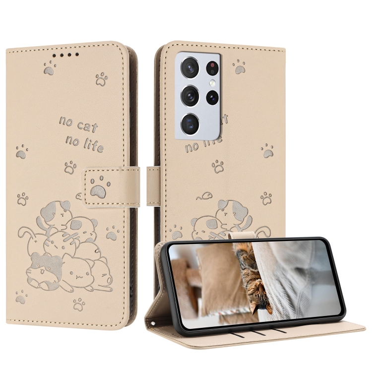 

For Samsung Galaxy S21 Ultra 5G Embossed Kitten Phone Leather Case with Lanyard(Beige)