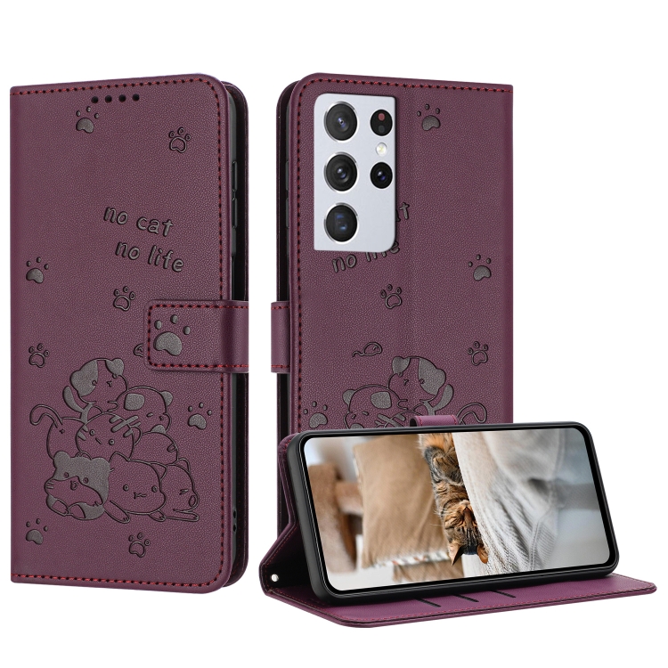 

For Samsung Galaxy S21 Ultra 5G Embossed Kitten Phone Leather Case with Lanyard(Wine Red)