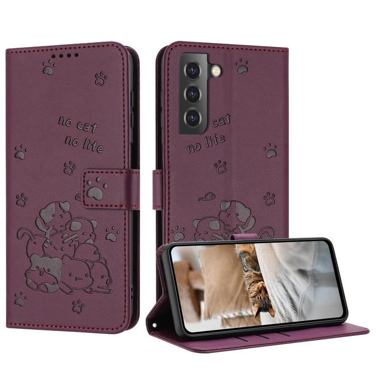 

For Samsung Galaxy S21+ 5G Embossed Kitten Phone Leather Case with Lanyard(Wine Red)