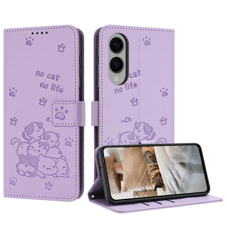 

For Samsung Galaxy S25 Edge 5G Embossed Kitten Phone Leather Case with Lanyard(Purple)