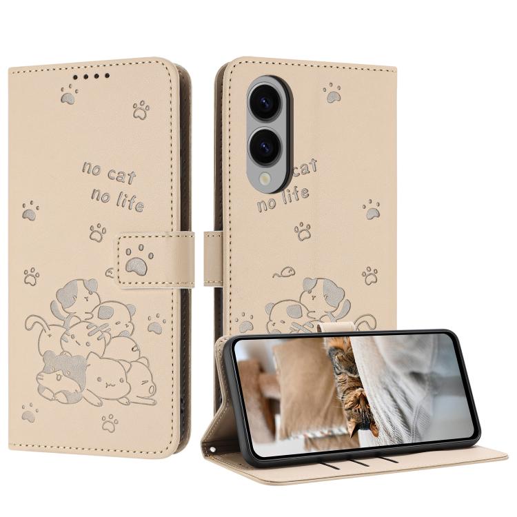 

For Samsung Galaxy S25 Edge 5G Embossed Kitten Phone Leather Case with Lanyard(Beige)