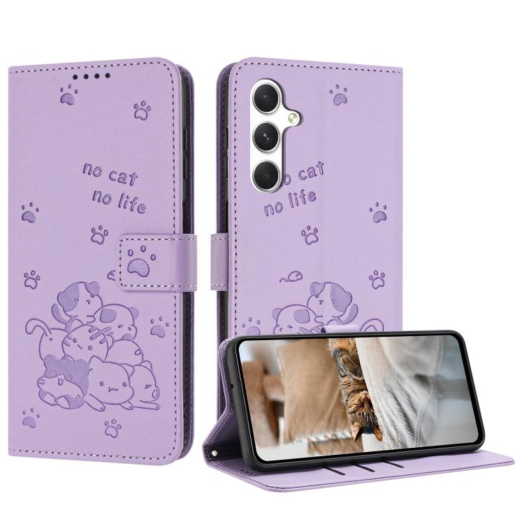 

For Galaxy S26 FE 5G Embossed Kitten Phone Leather Case with Lanyard(Purple)