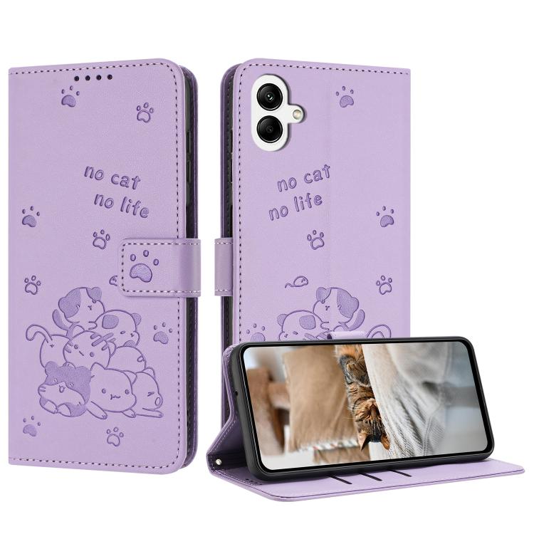 

For Samsung Galaxy A07 4G Embossed Kitten Phone Leather Case with Lanyard(Purple)