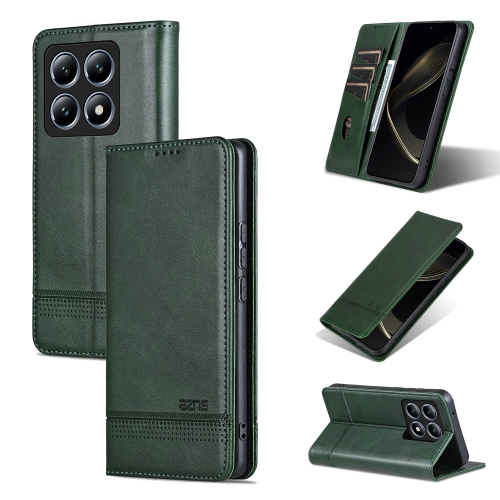 

For Xiaomi 14T AZNS Magnetic Calf Texture Flip Leather Phone Case(Dark Green)