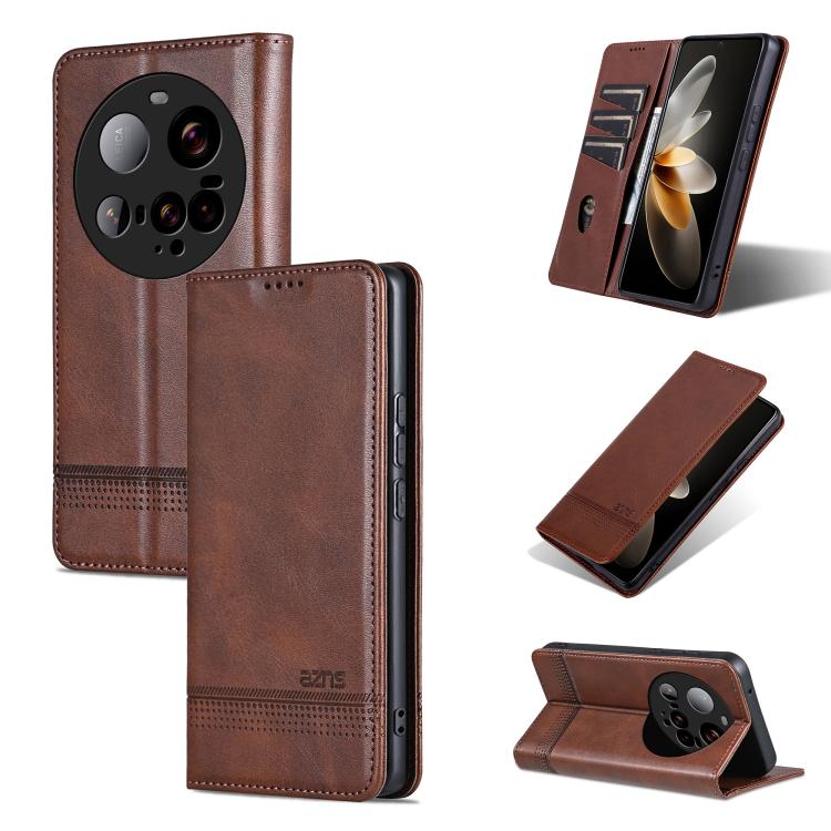 

For Xiaomi 15 Ultra AZNS Magnetic Calf Texture Flip Leather Phone Case(Dark Brown)