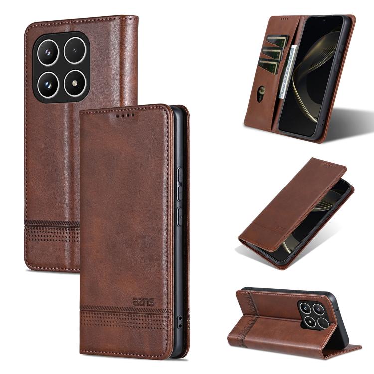 

For Xiaomi 15T 5G AZNS Magnetic Calf Texture Flip Leather Phone Case(Dark Brown)