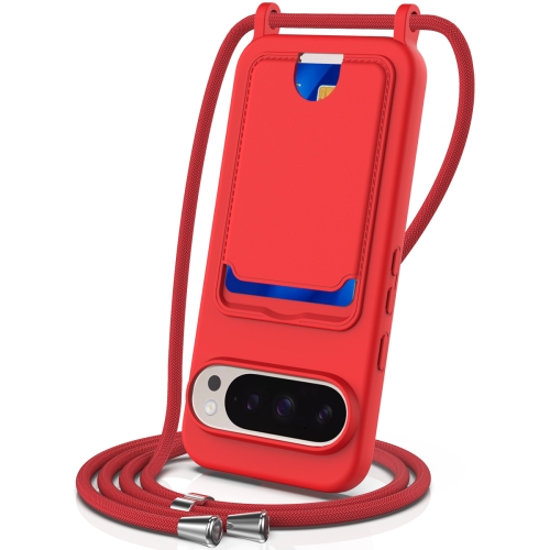 

For Google Pixel 9 Pro XL Integrated Card Bag Solid Color Liquid Silicone Phone Case with Lanyard(Red)