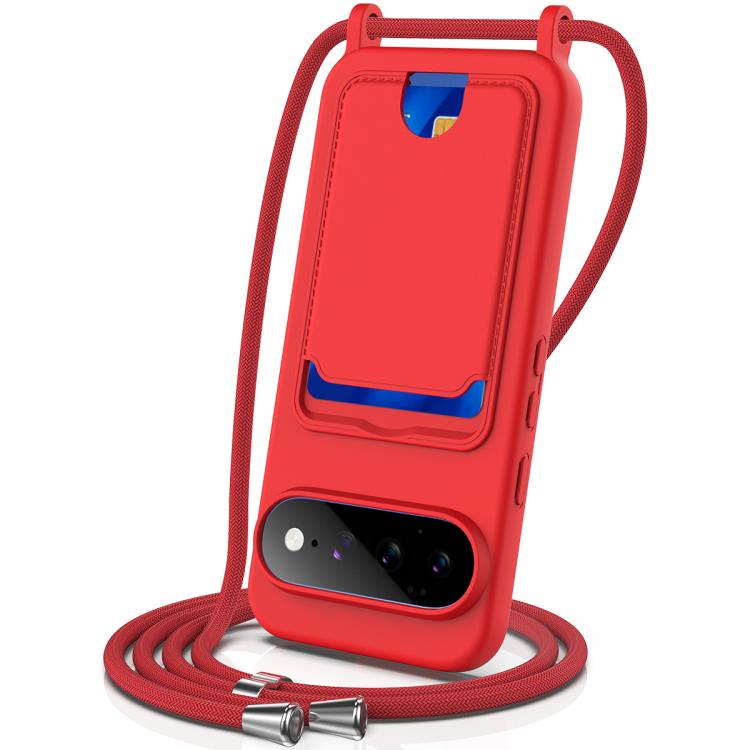 

For Google Pixel 11 Pro XL Integrated Card Bag Solid Color Liquid Silicone Phone Case with Lanyard(Red)