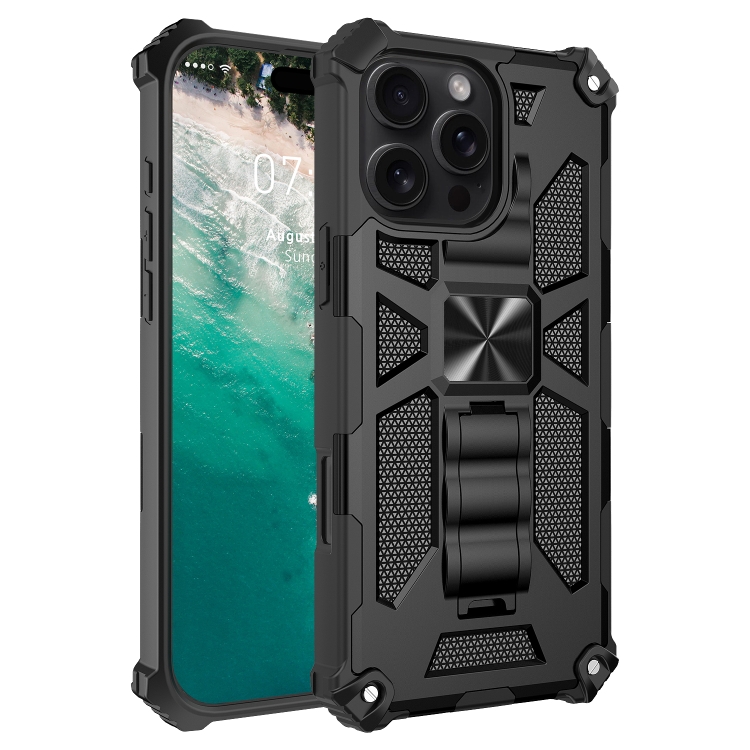 

For iPhone 16 Pro Armor Shockproof TPU Hybrid PC Magnetic Phone Case with Holder(Black)