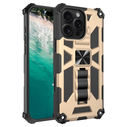 

For iPhone 16 Pro Armor Shockproof TPU Hybrid PC Magnetic Phone Case with Holder(Gold)