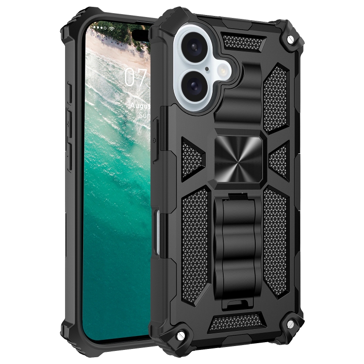 

For iPhone 16 Plus Armor Shockproof TPU Hybrid PC Magnetic Phone Case with Holder(Black)