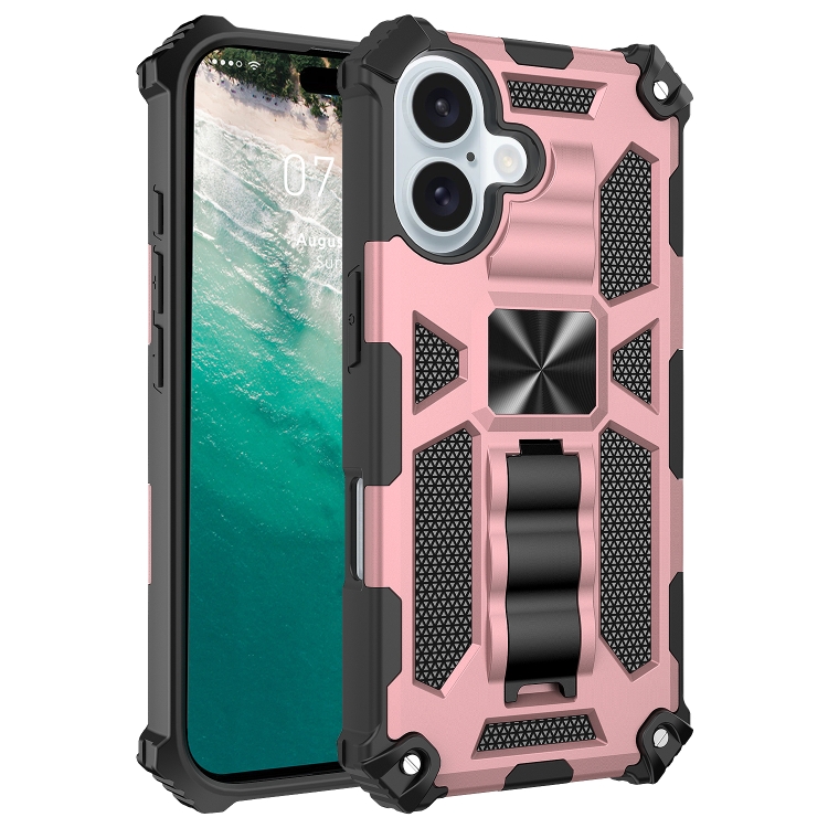 

For iPhone 16 Plus Armor Shockproof TPU Hybrid PC Magnetic Phone Case with Holder(Rose Gold)