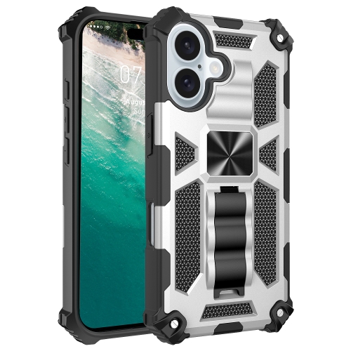 

For iPhone 16 Plus Armor Shockproof TPU Hybrid PC Magnetic Phone Case with Holder(Silver)