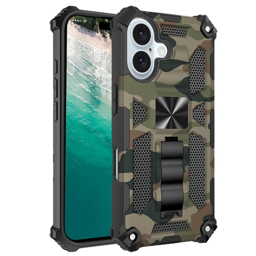 

For iPhone 16 Plus Camouflage Armor Kickstand TPU Hybrid PC Magnetic Phone Case(Army Green)