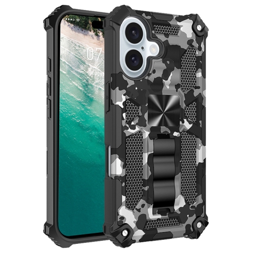 

For iPhone 16 Camouflage Armor Kickstand TPU Hybrid PC Magnetic Phone Case(Black)