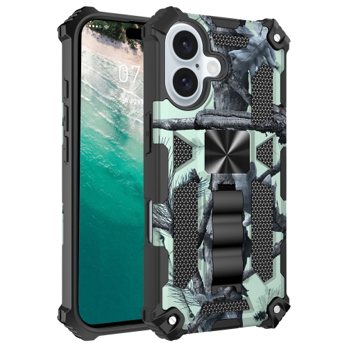 

For iPhone 16 Camouflage Armor Kickstand TPU Hybrid PC Magnetic Phone Case(Mint Green)