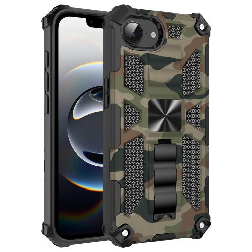 

For iPhone 16e Camouflage Armor Kickstand TPU Hybrid PC Magnetic Phone Case(Army Green)
