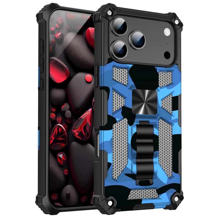 

For iPhone 17 Pro Camouflage Armor Kickstand TPU + PC Magnetic Phone Case(Blue)