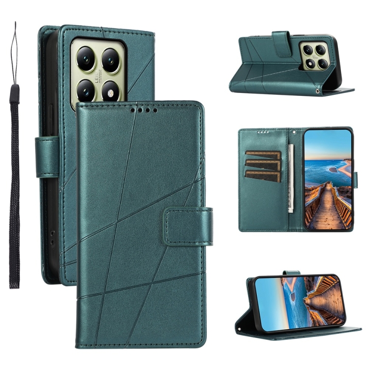 

For Xiaomi 14T PU Genuine Leather Texture Embossed Line Phone Case(Green)