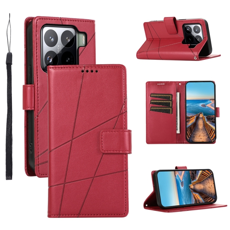 

For Xiaomi 15 Pro PU Genuine Leather Texture Embossed Line Phone Case(Red)