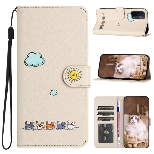 

For OPPO A93 5G / A74 5G Cartoon Cats Leather Phone Case(Beige White)