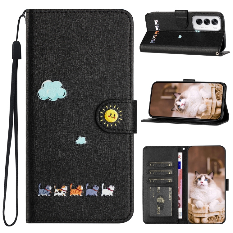 

For OPPO Reno12 5G Global Cartoon Cats Leather Phone Case(Black)