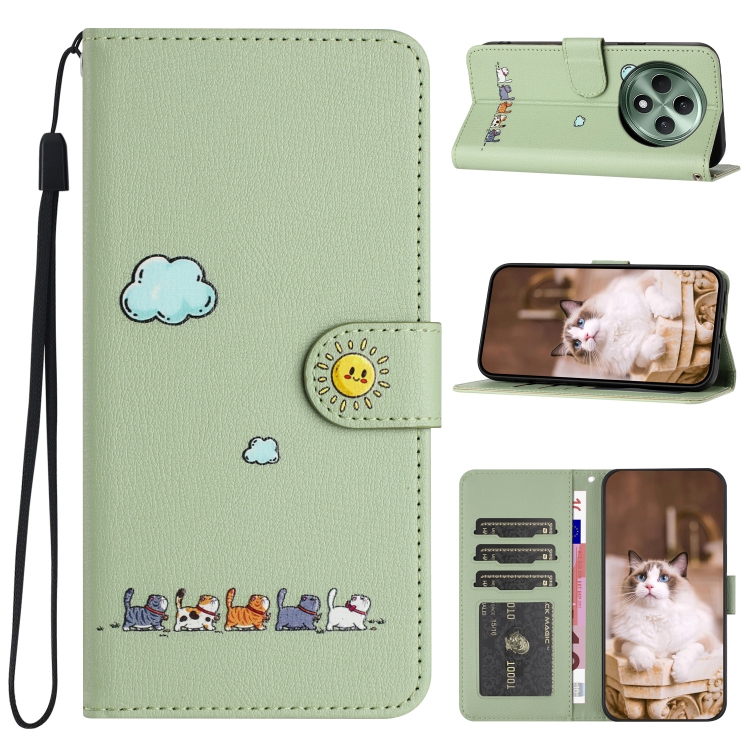 

For OPPO Reno12 F 4G Cartoon Cats Leather Phone Case(Green)