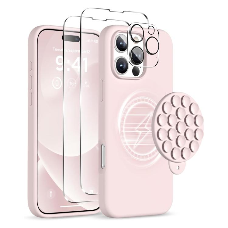 

For iPhone 16 Pro Silicone Suction Cup MagSafe Phone Case with Screen Film & Lens Film(Pink)
