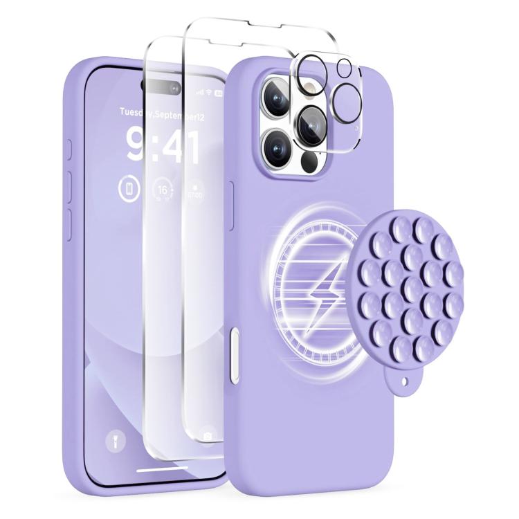 

For iPhone 16 Pro Silicone Suction Cup MagSafe Phone Case with Screen Film(Purple)