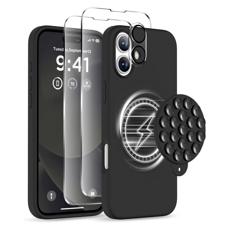 

For iPhone 16 Plus Silicone Suction Cup MagSafe Phone Case with Screen Film & Lens Film(Black)