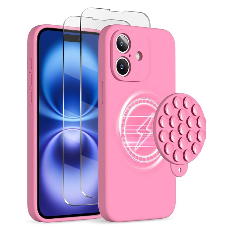 

For iPhone 16 Plus Silicone Suction Cup MagSafe Phone Case with Screen Film(Soft Pink)