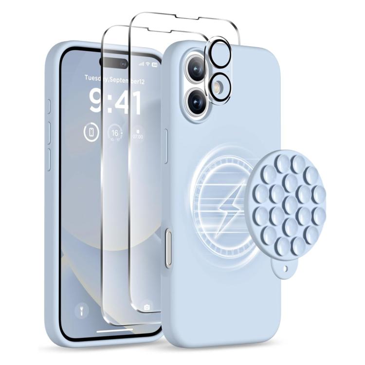 

For iPhone 16 Plus Silicone Suction Cup MagSafe Phone Case with Screen Film(Sierra Blue)