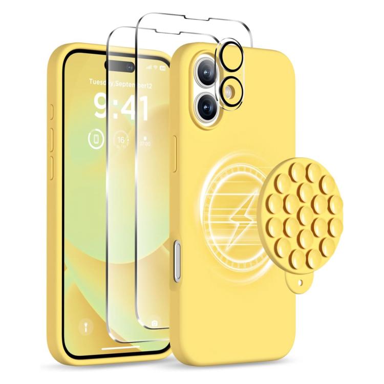 

For iPhone 16 Silicone Suction Cup MagSafe Phone Case with Screen Film & Lens Film(Yellow)
