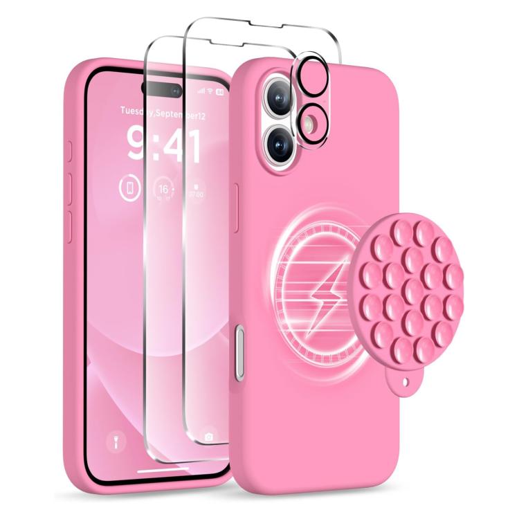 

For iPhone 16 Silicone Suction Cup MagSafe Phone Case with Screen Film(Soft Pink)