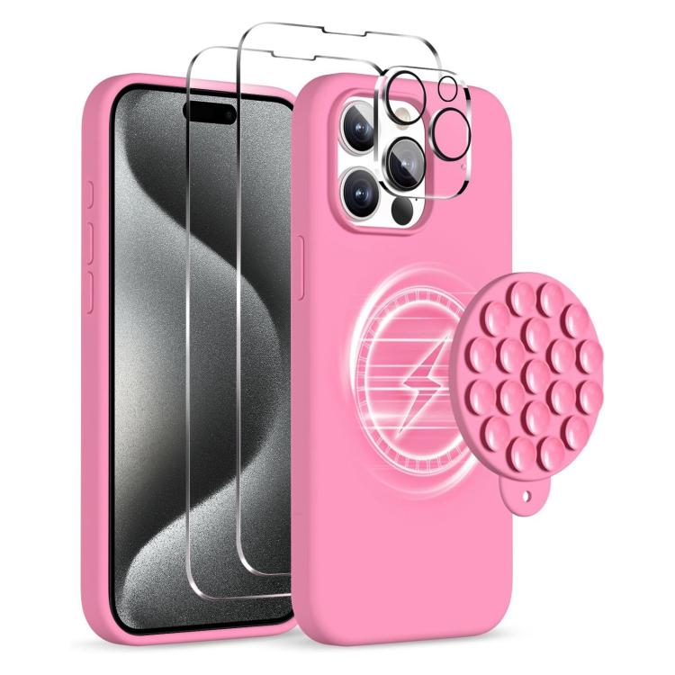 

For iPhone 15 Pro Silicone Suction Cup MagSafe Phone Case with Screen Film & Lens Film(Soft Pink)