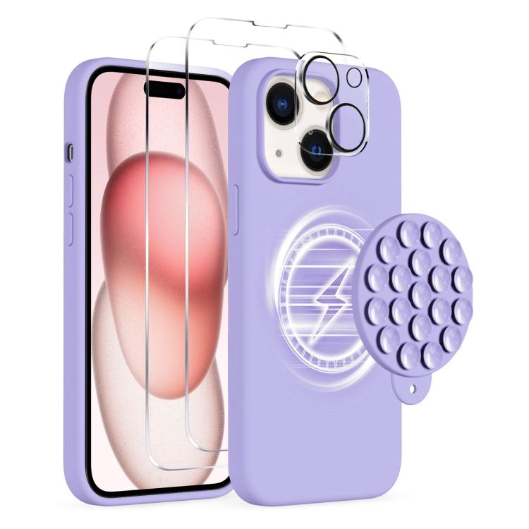 

For iPhone 15 Plus Silicone Suction Cup MagSafe Phone Case with Screen Film(Purple)